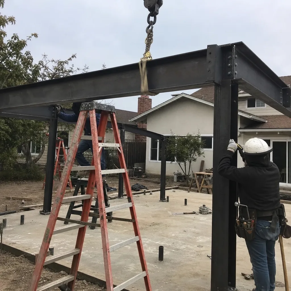 Construction workers installing steel beam framing for an ADU build project
