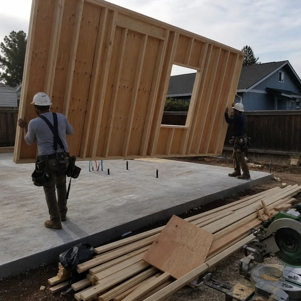 Two construction workers installing a wooden wall frame for an ADU.