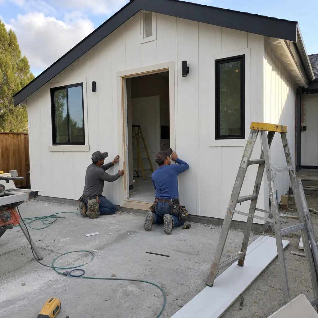 Two construction workers installing trim on a modern white ADU exterior