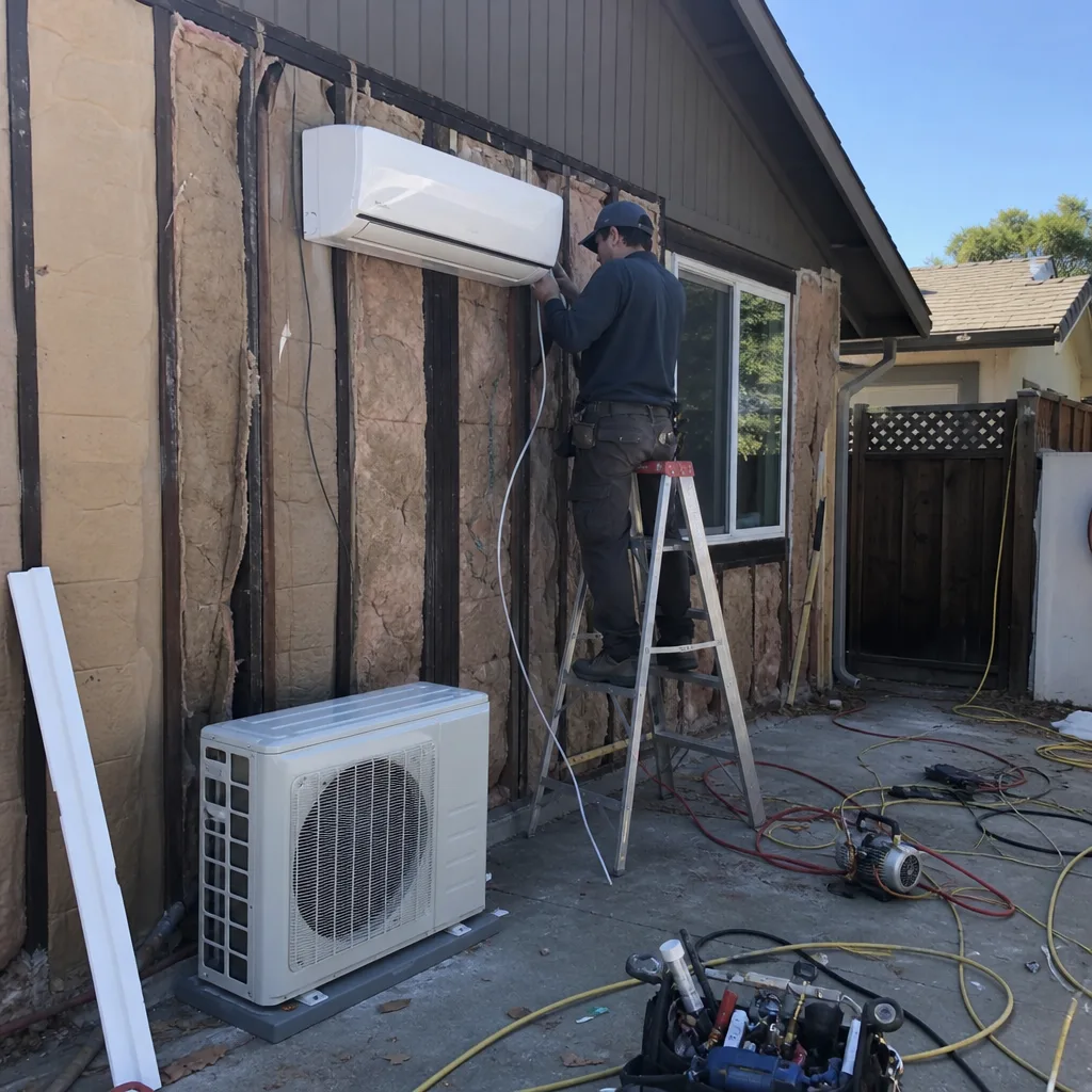 professional contractor installing ductless mini-split HVAC unit for garage conversion