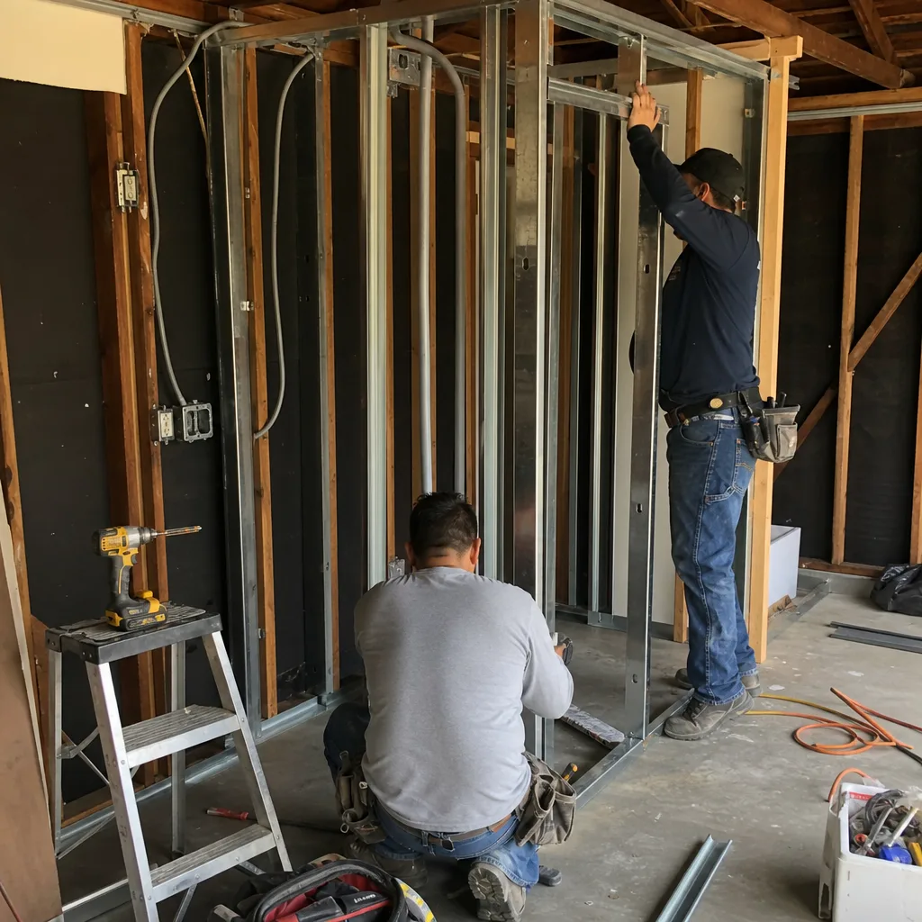 Contractors installing metal stud wall framing for a garage conversion project.