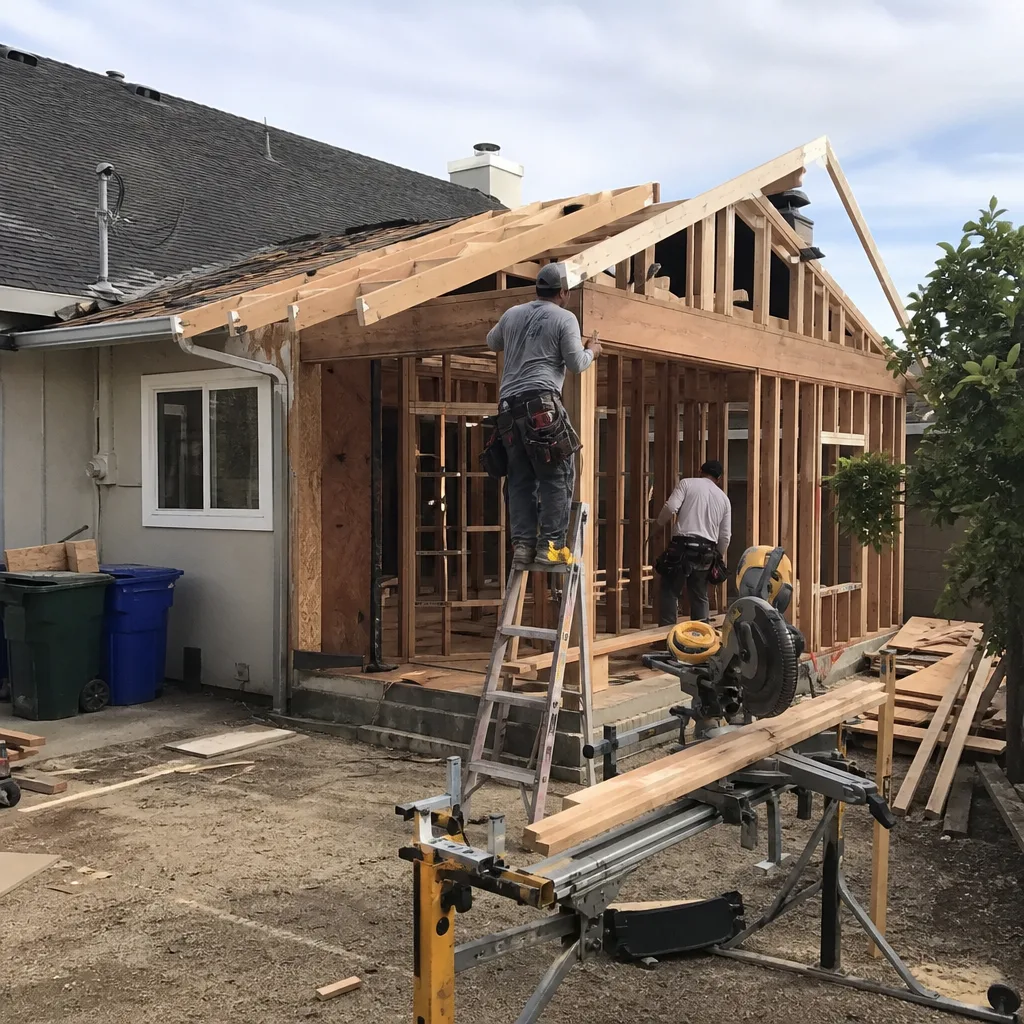 Contractors building a wooden home addition frame on a construction site