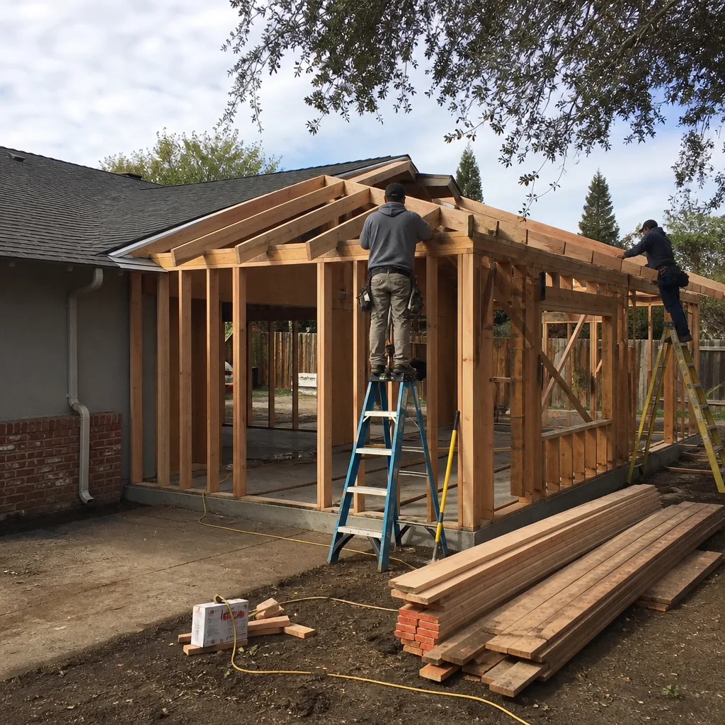 Two contractors framing a wooden residential home addition structure
