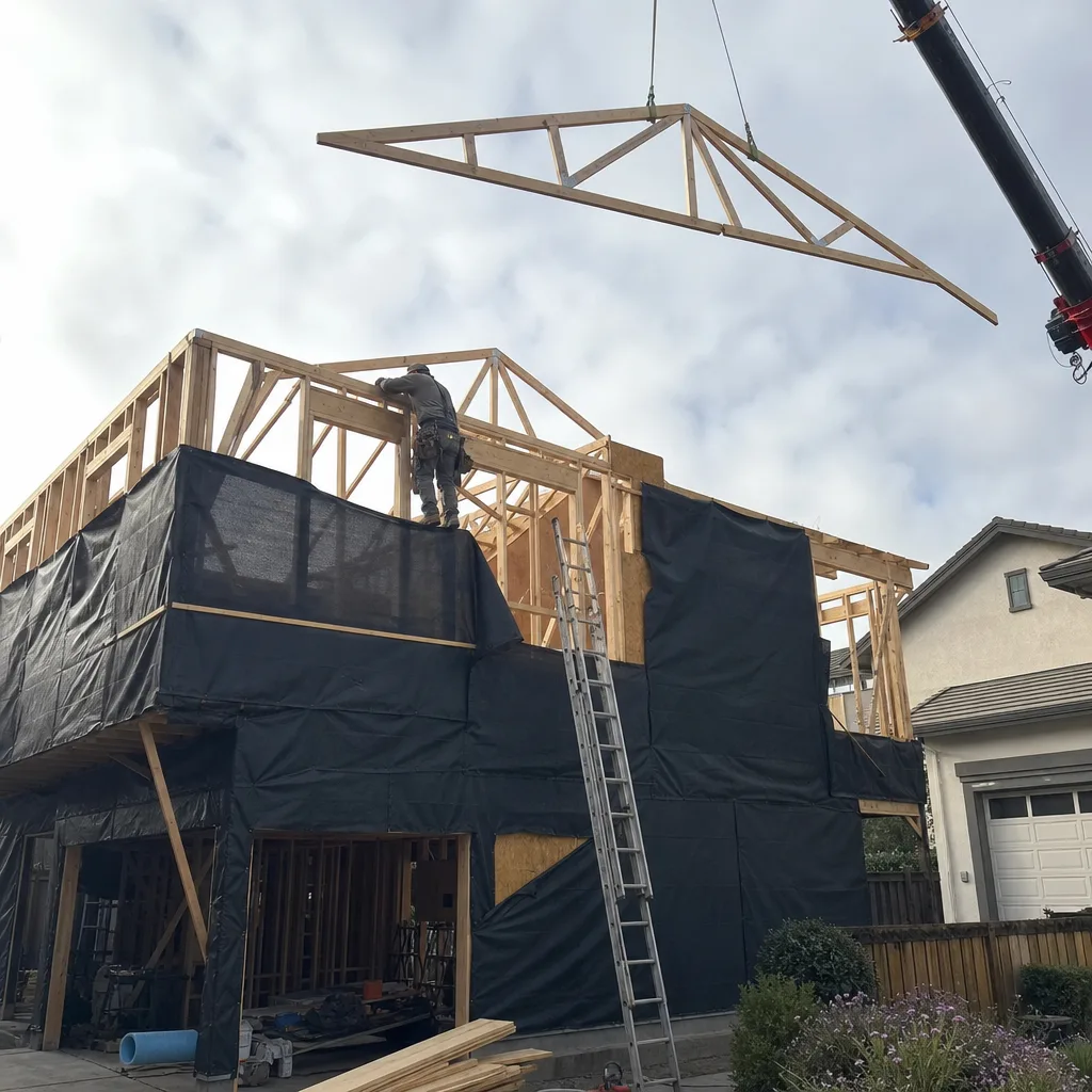 Contractor installing roof truss on a modern home addition project